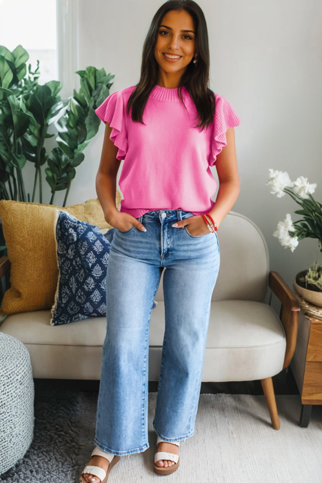 Ribbed Trim Ruffle Short Sleeve Sweater | S-XL