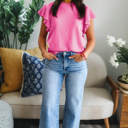  Ribbed Trim Ruffle Short Sleeve Sweater | S-XL