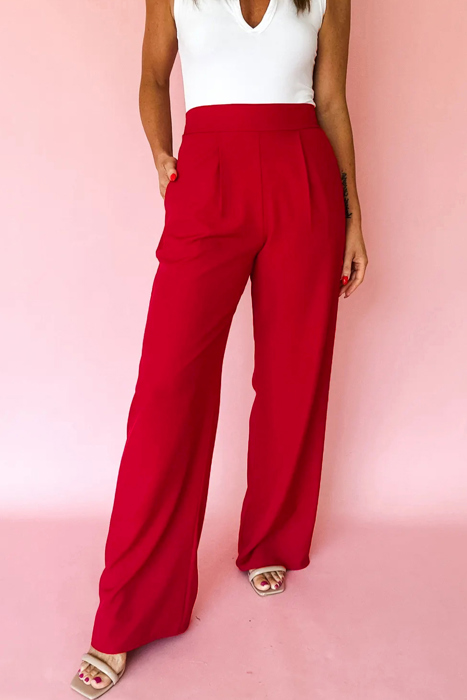 Pull On Pleated Detail High Elastic Waist Loose Straight Pants with Pockets | S- XL