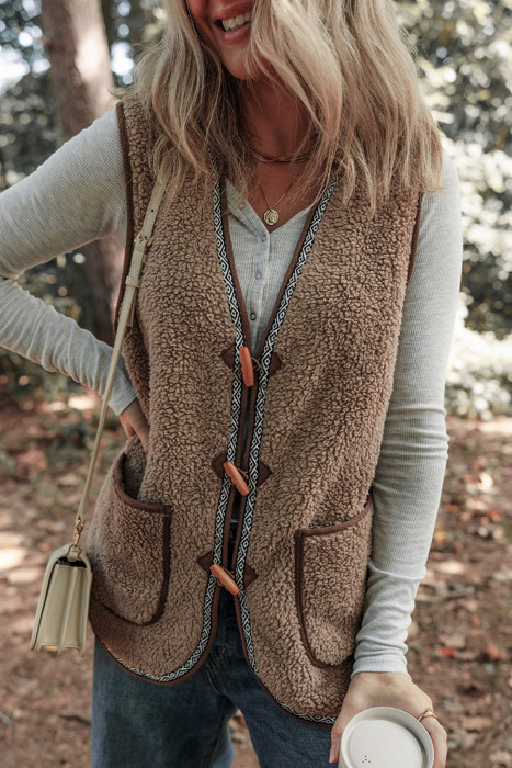 MY DREAM LIFE | Sherpa Contrast Trim Patch Pocket Cartridge Toggle Button Vest