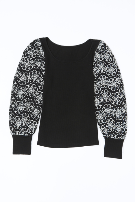Flower Puff Sleeve Ribbed Knit Top | S-XL