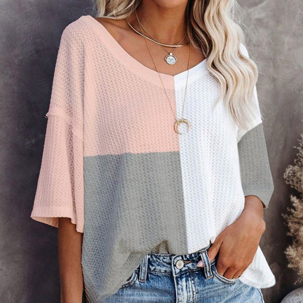 Multicolor Waffle Colorblock Short Sleeve Oversized Top | Free Shipping