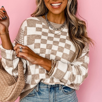 Round Neck Drop Shoulder Checkered Sweater