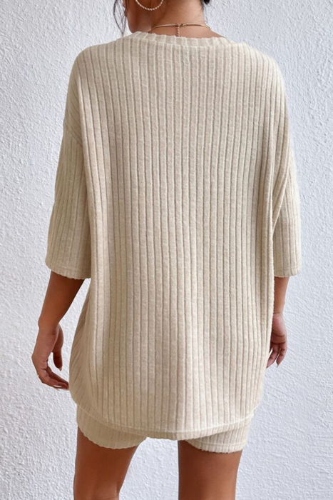 Ribbed Textured Half Sleeve Lounge Top & Bottom Set | S-XL