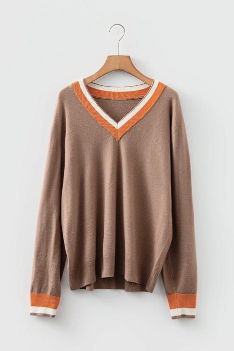 MY DREAM LIFE | Contrast Striped Trim V Neck Varsity Light Sweater | S-XL