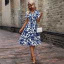 Small Blue Falling Leaves Waist Band Midi Dress | S-XXL