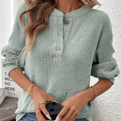 MY DREAM LIFE | Ribbed  Henley Knit Front Pouch Pocket Top | S-XL