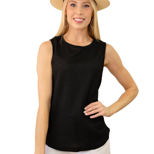 ◆Attends◆ Waffle sleeveless shirt black 0090 Womens Tank Tops V Neck Waffle Knit Summer Casual Sleeveless