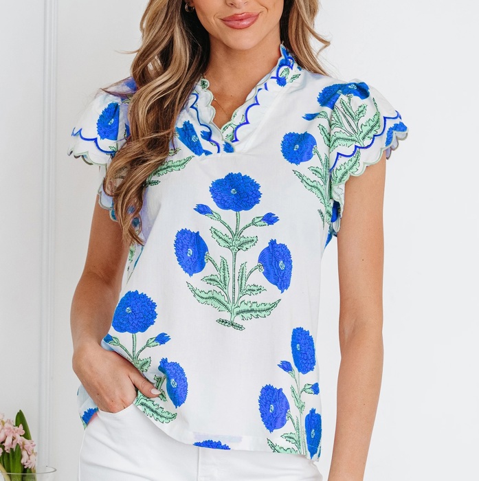Floral  Print Scallop Trim Blouse | S-XL