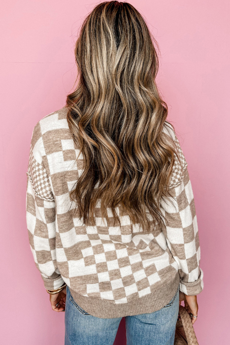 Round Neck Drop Shoulder Checkered Sweater