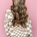  Round Neck Drop Shoulder Checkered Sweater