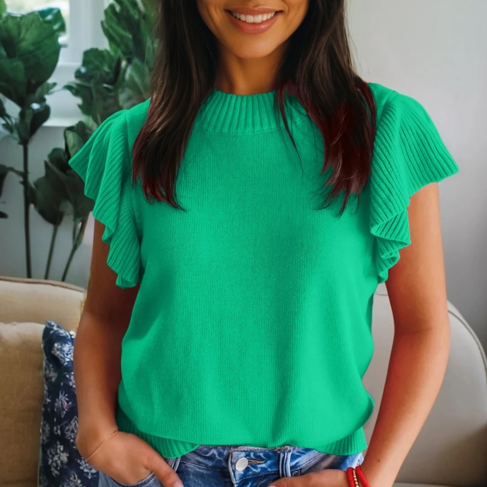 Solid Ribbed Trim Ruffle Short Sleeve Sweater | S-XL
