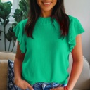  Solid Ribbed Trim Ruffle Short Sleeve Sweater | S-XL