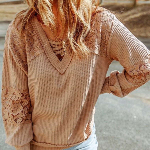 Waffle And Floral Lace Long Sleeve Top | Free Shipping