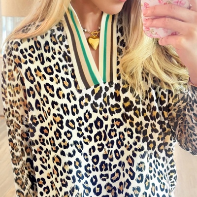 Leopard Print Contrast Striped V Neck Blouse | S-XL