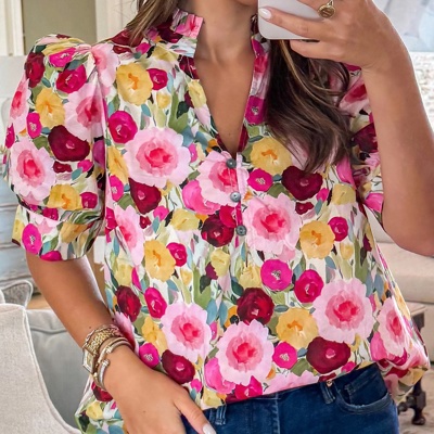 Floral Frilled  Puff Short Sleeve Blouse | S-XL