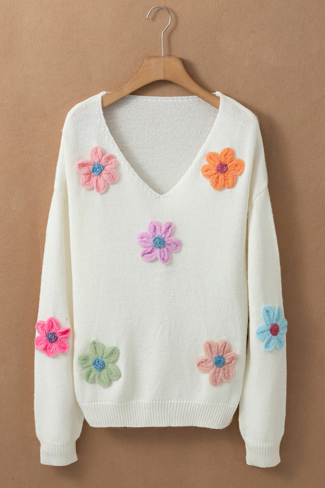 Crochet Flower V Neck Sweater