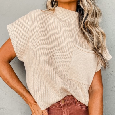 Pocket Ribbed Knit Short Sleeve Sweater | S-XL