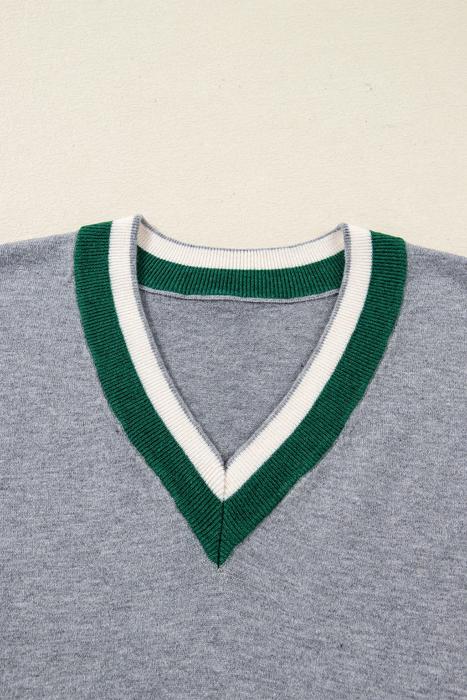 MY DREAM LIFE | Contrast Striped Trim V Neck Varsity Light Sweater | S-XL