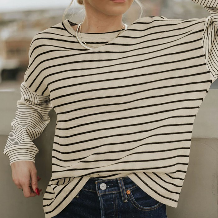Striped Patchwork Loose Long Sleeve Tee | S-2XL
