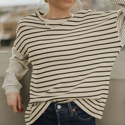 Striped Patchwork Loose Long Sleeve Tee | S-2XL