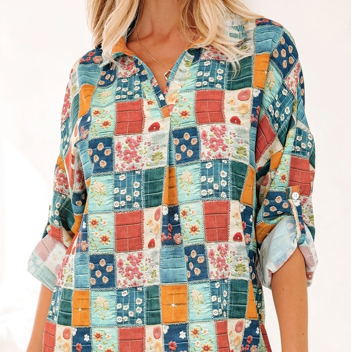 Spring Boho Bloom Print Roll Up Sleeve Blouse | S-XL