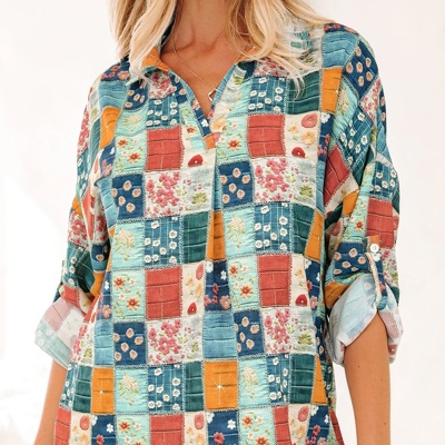 Spring Boho Bloom Print Roll Up Sleeve Blouse | S-XL