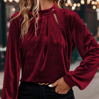 MY DREAM LIFE | Asymmetric Button Keyhole Neck Velvet Blouse | S-XL