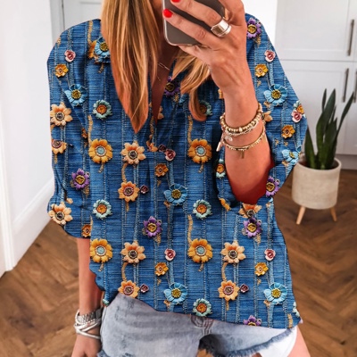 Boho Print Bloom Collared Roll up Sleeve Blouse | S-XL