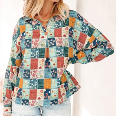 Spring Boho Bloom Print Roll Up Sleeve Blouse | S-XL