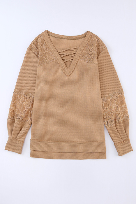 Waffle And Floral Lace Long Sleeve Top | S-XL