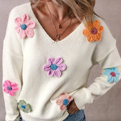Crochet Flower V Neck Sweater | S-XL
