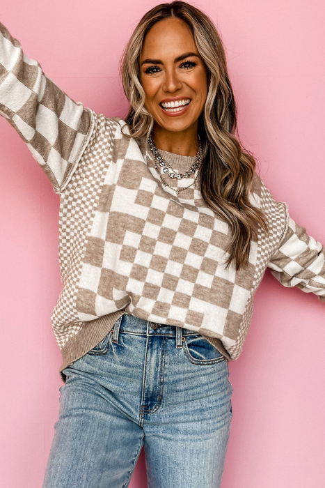 Round Neck Drop Shoulder Checkered Sweater