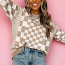  Round Neck Drop Shoulder Checkered Sweater