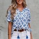  Geometric Print Tassel Drawstring  Blouse