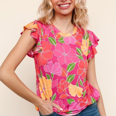 Paradise Floral Ruffle Sleeve Top | S-3X