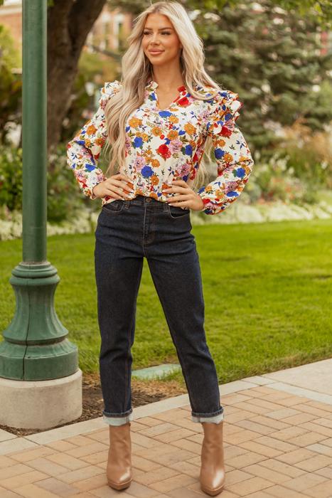 Floral Charm Ruffle Shoulder Blouse | S-XL