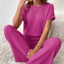 Small Rose Red Short Sleeve Wide Leg Ribbed Jumpsuit Loungewear | S-XXL