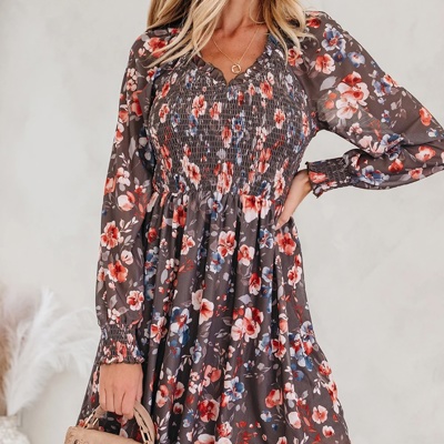 MY DREAM LIFE | My Fall Smocked Bodice Floral Mesh Mini Dress | S-XL