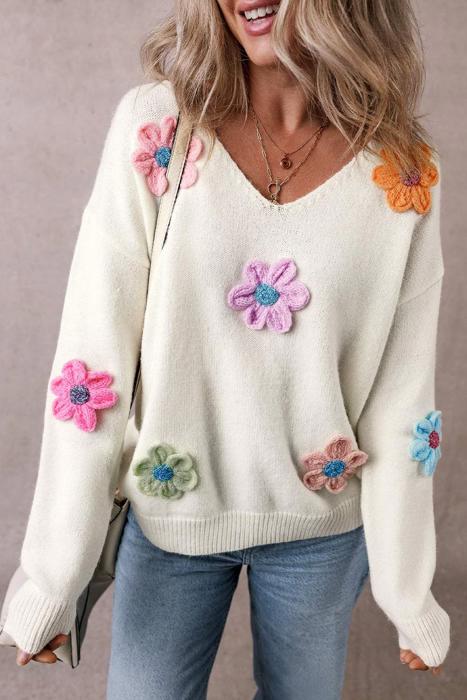 Crochet Flower V Neck Sweater | S-XL