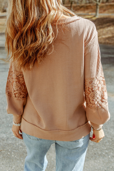 Waffle And Floral Lace Long Sleeve Top | S-XL