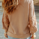  Waffle And Floral Lace Long Sleeve Top | S-XL