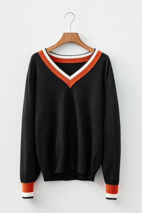 MY DREAM LIFE | Contrast Striped Trim V Neck Varsity Light Sweater | S-XL