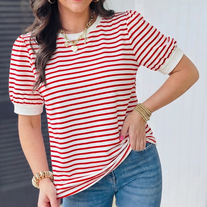 Stripe Trim Round Neck Short Puff Sleeve Top | S-XL