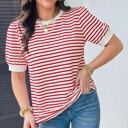  Stripe Trim Round Neck Short Puff Sleeve Top | S-XL