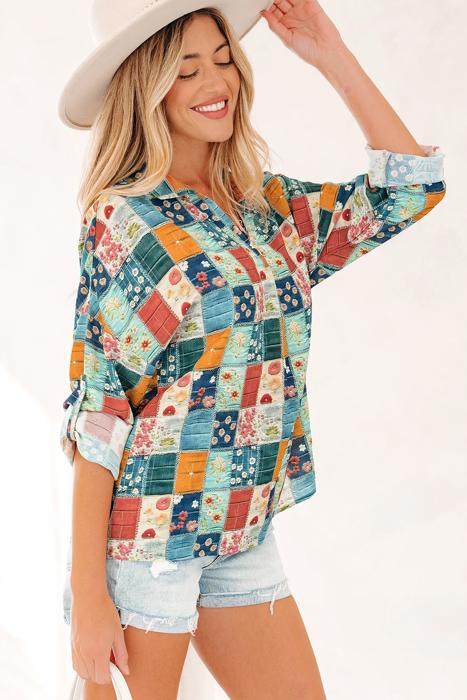 Spring Boho Bloom Print Roll Up Sleeve Blouse | S-XL