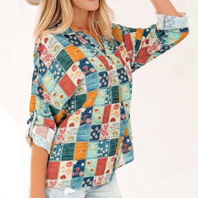 Spring Boho Bloom Print Roll Up Sleeve Blouse | S-XL