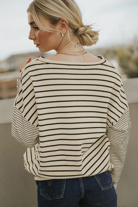 Striped Patchwork Loose Long Sleeve Tee | S-2XL