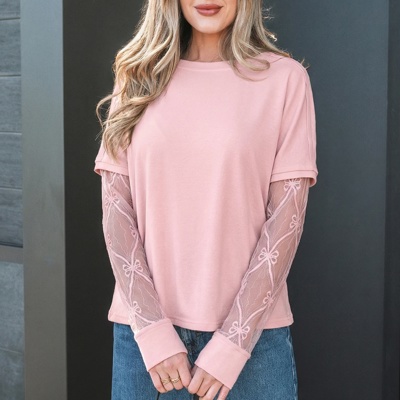 Bow Textured Sheer Long Sleeve Patchwork Tee | S-XL