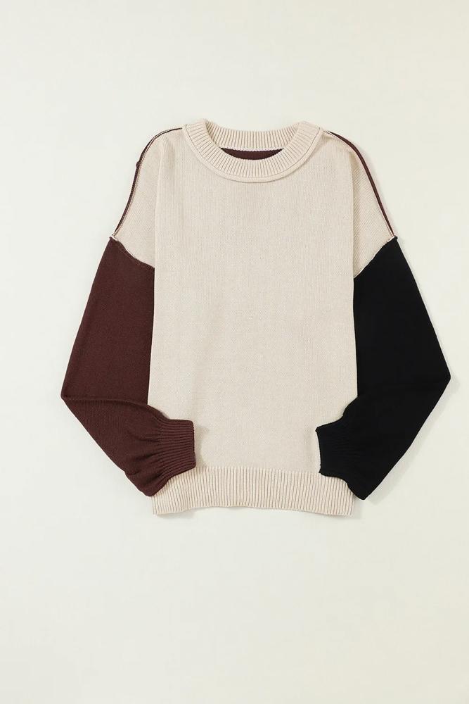 Colorblock Bishop Sleeve Ribbed Trim Sweater